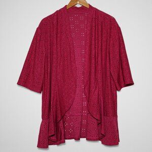 Women's Ruffle Eyelet Open Front Cardigan Top Elbow Sleeve Pink Fuchsia Size XL